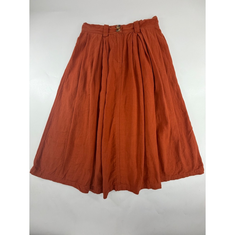ModCloth Burnt Orange Linen Blend Pleated Midi Skirt Size 4 Rust High Waist